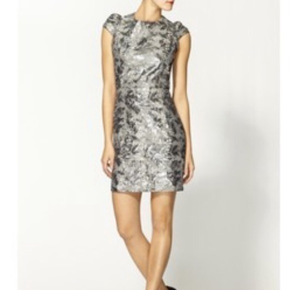 TINLEY ROAD Silver Brocade Special Occasion Semi Formal Mini Dress Sz: L
